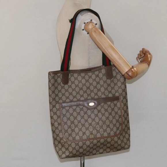GUCCI GG Supreme Web Sherry Line Tote Bag PVC Beige Gold - Picture 14 of 16